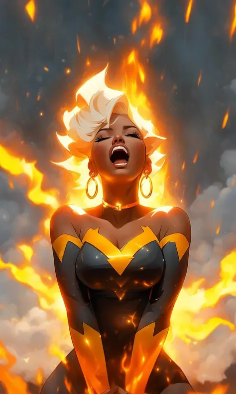 1girl fallen to her knees, closed_eyes, looking upward, head tilted up, screaming, solo, jewelry, yellow_eyes, white_hair, clenched hands, earrings, breasts, collar, dark-skinned_female, glowing, fire, serious, hoop_earrings, electricity, lightning