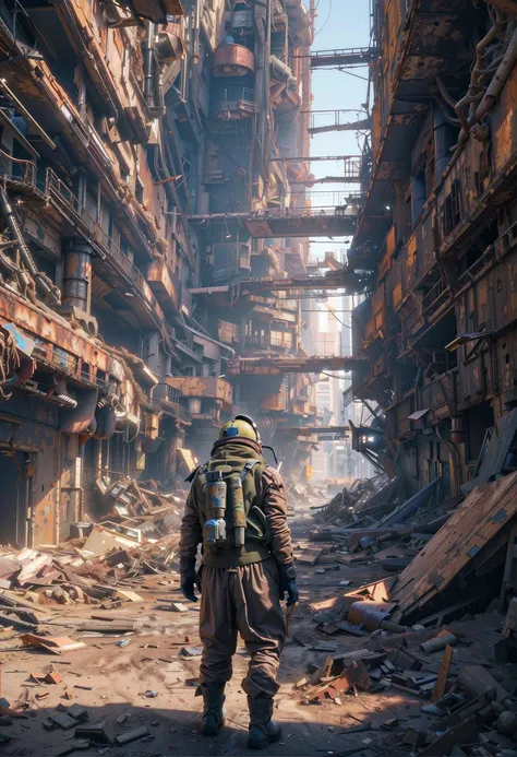 [object Object], post-apocalyptic wasteland, color, close up view of a scavenger lost inside a derelict space station