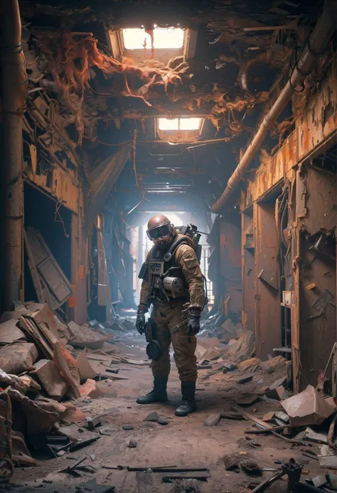 [object Object], post-apocalyptic wasteland, color, close up view of a scavenger lost inside a derelict space station