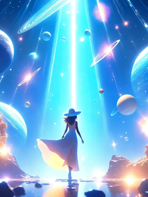(Realistic),masterpiece,best quality,cinematic lighting,natural shadow,highest detail,professional photography,detailed background,depth of field,insane details,intricate,aesthetic,subsurface scattering,dynamic angle,
A beautiful woman in a tight dress and a hat walks along a crystal path in the Cosmos,the woman is illuminated by the sun's rays,the stars are shining around,comets and planets are flying,photorealism,detailing,a magical bright picture,
<lora:add-detail-xl:1>,
