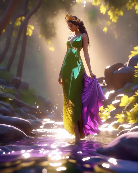Insanely beautiful woman as a summer goddess, Feet in a stream, in the shade of green trees, violet dress, bright natural light, beautiful reflection, golden hour, realistic, unreal engine 5, ray tracing, RTX, HDR
