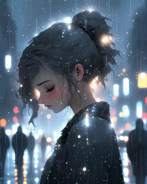 a sad pretty girl with glitter on her face in the rain, a dark mood, and a nostalgic, dark gray city lights background, from front, professional ominous concept art, an intricate, elegant, highly detailed digital painting, concept art, smooth, sharp focus, illustration