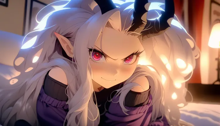(anime:1.3), moe, cute, indoor lighting, well lit, vivid color,
masterpiece, best quality, curvy, shiny skin, pale skin, demon girl, demon horns, red eyes, detailed hair, long platinum blonde hair,
detailed pupils, light smile, looking at viewer,
casual, purple off shoulder shirt, baggy shirt, black leggings,
sitting, couch, living room,