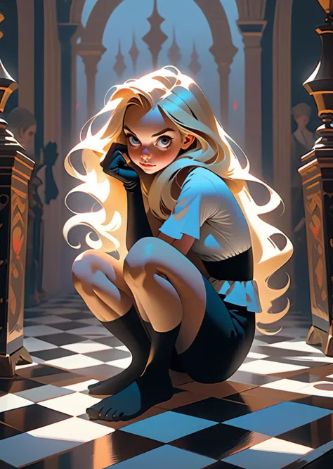 Alice in Wonderland,
1girl
blonde
straight hair
serious
stocking
sit
shadow
dark
poker cards
clocks
Detailed Gothic Dreamlike Fantasy
manga-anime
by Ilya Kuvshinov