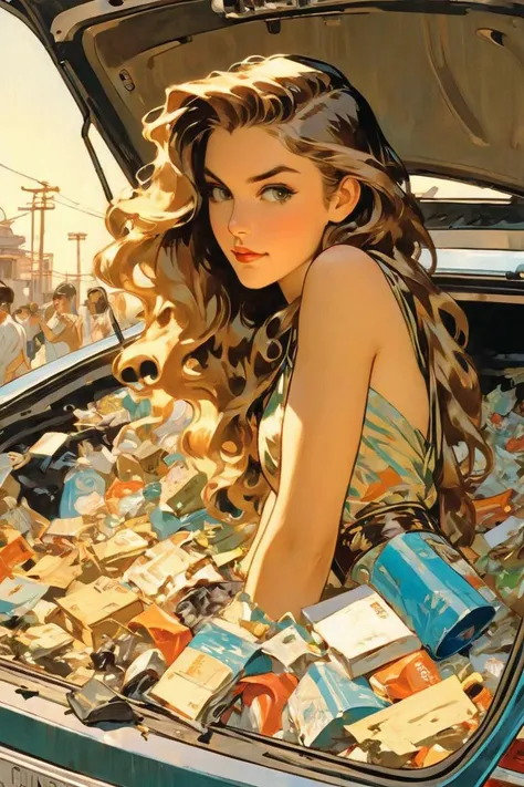 anime artwork, open trunk of a car, filled with trash, Woman, long hair, art by J.C. Leyendecker, anime style, key visual, vibrant, studio anime, highly detailed, LaxpeintXL, ClassipeintXL, <lora:ClassipeintXL:0.500000>