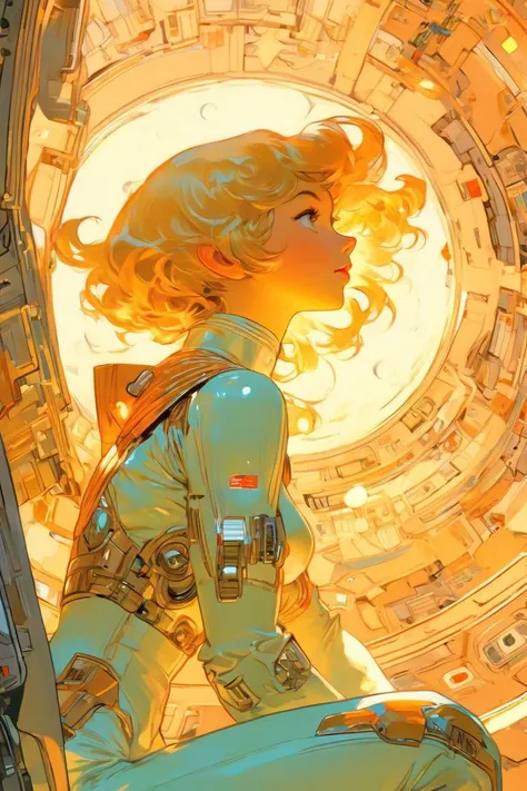 anime artwork, Girl, sitting inside a spaceship, looking at the outside, deep space, art by J.C. Leyendecker . anime style, key visual, vibrant, studio anime, highly detailed