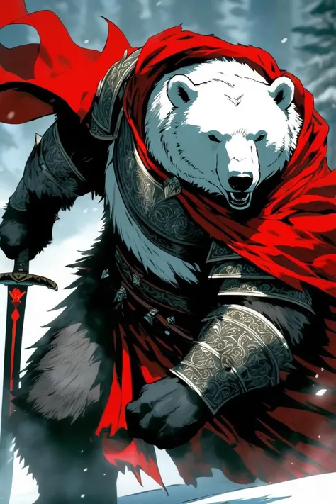 weapon, armor, sword, solo, polar bear, gauntlets, male focus, (holding sword:1.2), cape, holding weapon, holding, planted, glowing, full armor, greaves, black armor, shoulder armor, torn clothes, standing, fur trim, red cape, glowing weapon, breastplate, planted sword, (masterpiece:1.1)