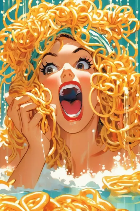 (shower that spits spaghetti:1.6), pile of spaghetti (shampoo:1.2) on head, curlers, art by J.C. Leyendecker . anime network, anime style, key visual, vibrant, studio anime, highly detailed