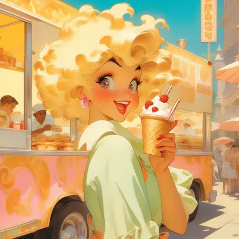Woman, selling food from icecream truck, art by J.C. Leyendecker . anime style, key visual, vibrant, studio anime