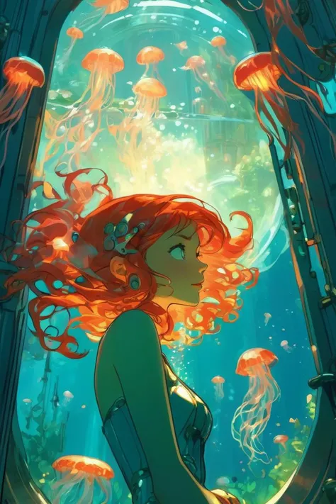anime artwork, Girl, red head, sitting beside a large submarine window, underwater scene, florescent jellyfish, art by J.C. Leyendecker . anime style, key visual, vibrant, studio anime, highly detailed
