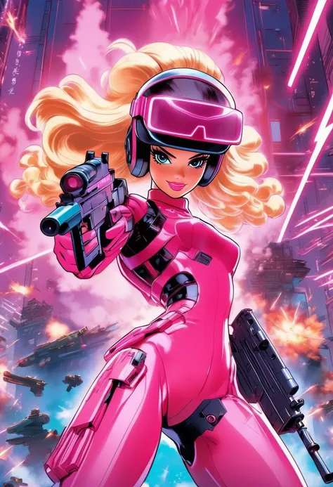 Anime artwork. Barbie doll wearing  VR helmet and pink cyberpunk armor,  shooting a big gun,  a nuclear explosion background,  art by Makoto Shinkai,  art by J.C. Leyendecker,  anime style,  key visual,  vibrant,  studio anime