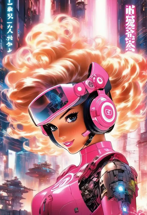 Anime artwork. Barbie doll wearing VR helmet and pink cyberpunk armor, nuclear explosion background, art by Makoto Shinkai, art by J.C. Leyendecker, anime style, key visual, vibrant, studio anime