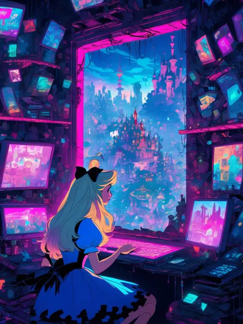 Disney Alice in Wonderland,  hacking on a computer. Large window,  cyberpunk cityscape.