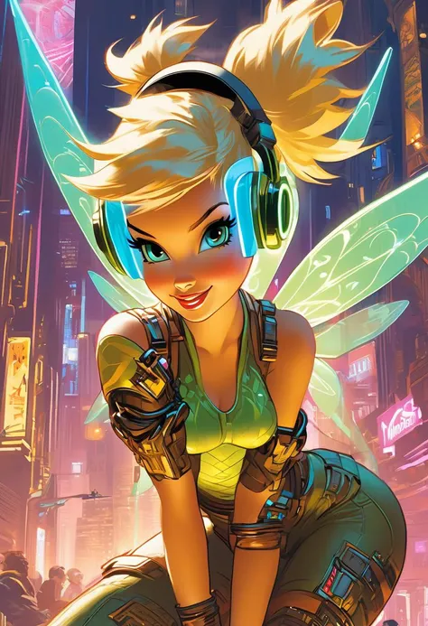 Disnkey Tinkerbell, wearing VR headset, cyberpunk 2077 cityscape, art by J.C. Leyendecker