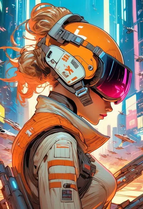 Anime artwork. Female X-Wing Fighter Pilot from Star Wars, wearing VR helmet, hacking on a computer. cyberpunk 2077 cityscape, art by J.C. Leyendecker, anime style, key visual, vibrant, studio anime, highly detailed
