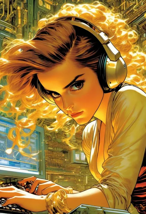 Emma Watson as Hermione from Harry Potter, wearing VR Helmet, hacking a computer, art by Masamune Shirow, art by J.C. Leyendecker