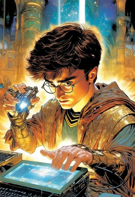 Daniel Radcliffe as Harry Potter, wearing VR Helmet, hacking a computer, art by Masamune Shirow, art by J.C. Leyendecker