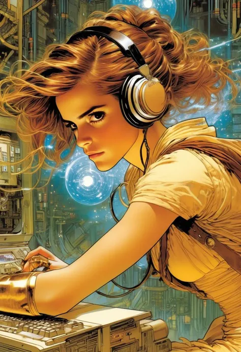 Emma Watson as Hermione from Harry Potter, wearing VR Helmet, hacking a computer, art by Masamune Shirow, art by J.C. Leyendecker