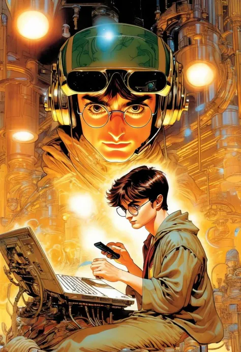 Daniel Radcliffe as Harry Potter, wearing VR Helmet, hacking a computer, art by Masamune Shirow, art by J.C. Leyendecker