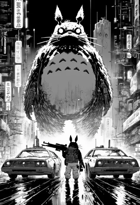 Manga Art, Totoro as the Terminator, holding a shotgun, cyberpunk 2077 cityscapes, black and white drawing