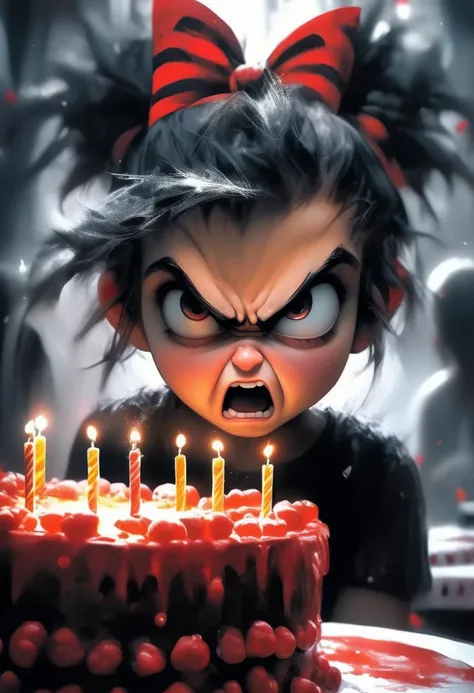 Portrait of a beautiful young girl wearing a headband bow and sitting behind a birthday cake. She has dark shadows under her eyes,  an angry expression on her face,  and flushed cheeks. In stark contrast to the festive occasion,  she seems disconnected from the joy that surrounds her. Presents are visible in the background,  adding to the surreal atmosphere. Her hair is a striking mix of red and black,  drawing attention to her defiant stance. This image captures an intense moment where innocence meets anger.extremely high-resolution details,  photographic,  realism pushed to extreme,  fine texture,  4k,  ultra-detailed,  high quality,  high contrast
Negative prompt: embedding:negativeXL_D,  symmetrical,  closed eyes,  deformed hand,  moxie1776 https://civitai.com/images/2704684
Steps: 50, Sampler: DPM++ 3M SDE, CFG scale: 5.0, Seed: 106975371444984, Size: 832x1216, Model: sdxlNijiSpecial_sdxlNijiSE, Denoising strength: 0, Style Selector Enabled: True, Style Selector Randomize: False, Style Selector Style: base, TI hashes: "negativeXL_D, negativeXL_D", Version: v1.6.0.69-2-g1853213, TaskID: 652949021723377527
Used Embeddings: "negativeXL_D, negativeXL_D"