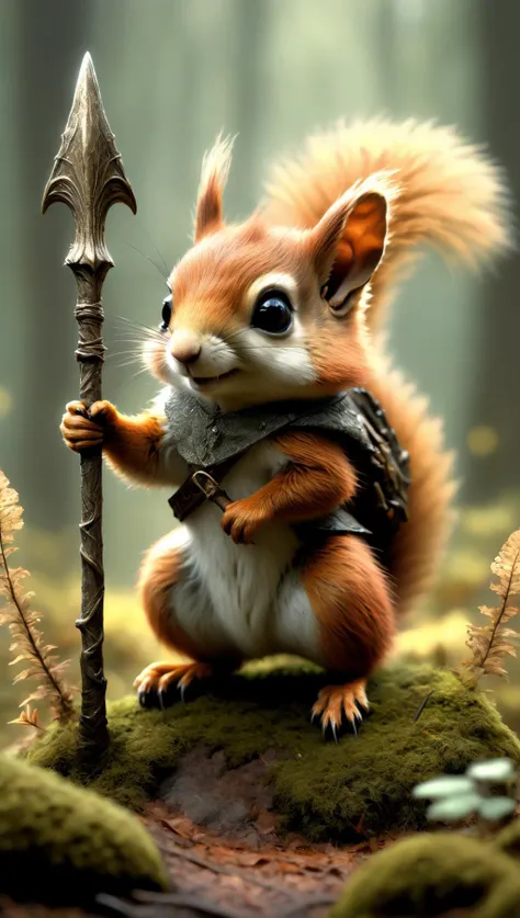 illustration of a little magical cute forest creature. The creature IS holding a spear. fantasy art, intricate details, style Jean - Baptiste Monge, style Alan Lee, anthropomorphic squirrel , scene from a movie, dramatic shot angle, atmospheric particles, Real, raw cinematic photorealism, action portrait, 8k, detailed, centered, full frame<lora:xl_more_art-full_v1:0.5>
