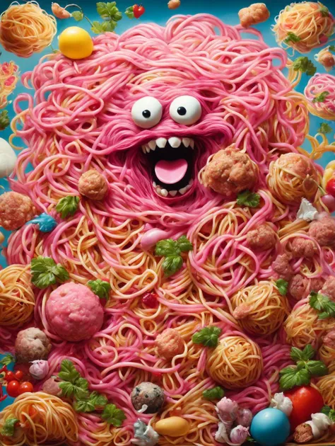 (best quality) , (masterpiece) a monster made of spaghetti wearing groom suit and a meatball wearing wedding veil, anthropomorphic, [art by Chie Yoshii|art by Bjarke Ingels], Photograph, 1900'S large Bahamian Mother, Acting in a TV show, Mystical Pink hair, Face Painting, Tattoos