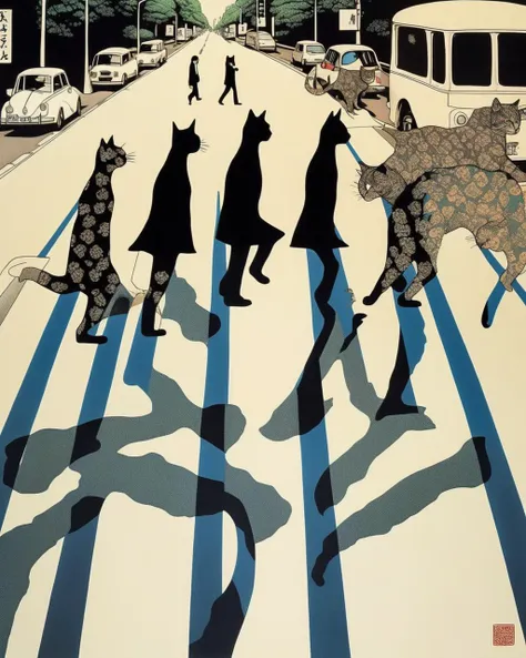 The Beatles, crossing a road, Abbey Road, change human into cats (illustration by Takato Yamamoto) ,a portrait transformed by the overprint technique, overprint_effect <lora:Overprint_effect_sdxl:1.0>