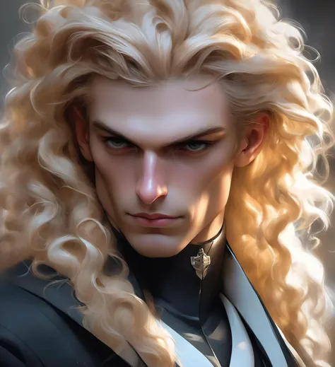 Portrait of an androgynous man by greg rutkowski, he is about 30 years old, mixture between russian and irish, long fluffy blond curly hair, attractive, extremely pale white skin, smart looking, he is wearing a black futuristic lawyer outfit, highly detailed portrait, scifi, digital painting, artstation, concept art, very very very pale skin, very very long curly blond hair, smooth, sharp foccus ilustration, artstation hq