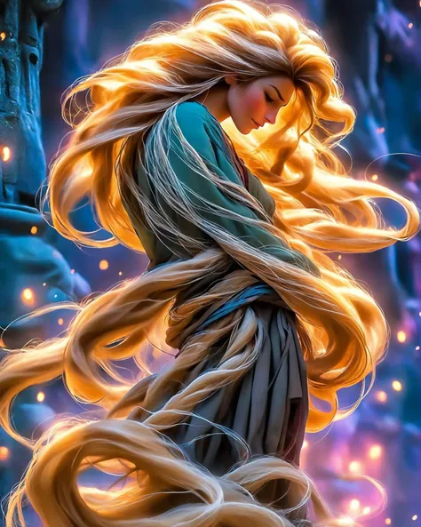 Ultra hd, a professional movie photograph of, best quality, high quality, highres, highly detailed, cinematic lighting ((Anime Style)) ((Long and flowing)) tangled hair with an enchanting play of hues, cascading down the shoulders of a mysterious figure