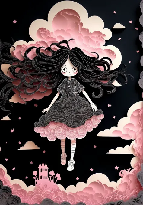 (papercut:.5), anime girl with long black hair walking on a cloud, in the style of necronomicon illustrations, dark black and black, dark white and light pink, intricate texture, flickr, delicate chromatics, dimensional multilayering, backlit <lora:papercut:.5>