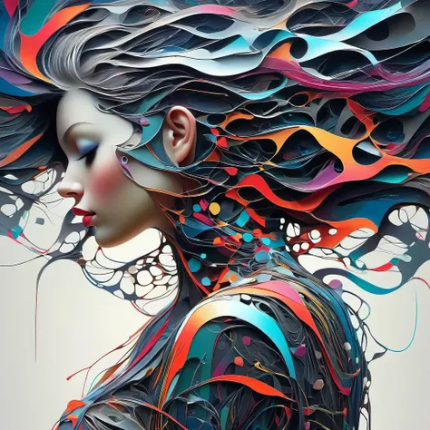 abstract,surrealism, cyberpunk, cyborg, wires, colourful , electronics a woman's body wrapped in sheet music from head to toe, black background style Eiko Ojala Tracie Grimwood
, detailed, realistic, 8k uhd, high quality