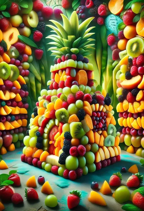 a legendary fruit castle in a fruit kingdom made of made of ral-fruitsalad, intricate details, masterpiece, best quality, colorful ,background of a London style brick wall, graffiti, neon lights,