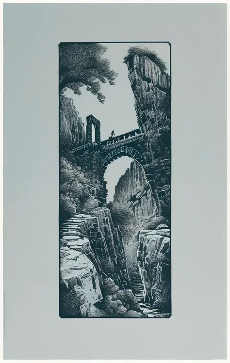 concept art a picture of a stone chasm with a bridge in the middle of it and a crumbling stone building in the background with a sky background, Emil Lindenfeld, screen print, a screenprint, private press . digital artwork, illustrative, painterly, matte painting, highly detailed