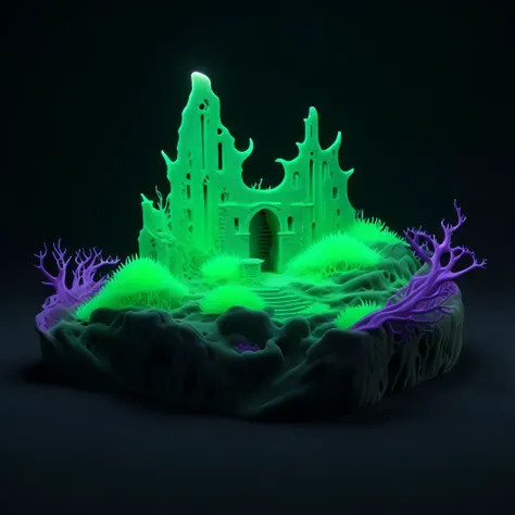 professional 3d model breathtaking a green (((glow in the dark))) 3d printed plastic model of an abandoned crumbling eldritch stone fortress ruin made of sea choral and a purple tree in the foreground, Anato Finnstark, eldritch, concept art, generative art . award-winning, professional, highly detailed . octane render, highly detailed, volumetric, dramatic lighting