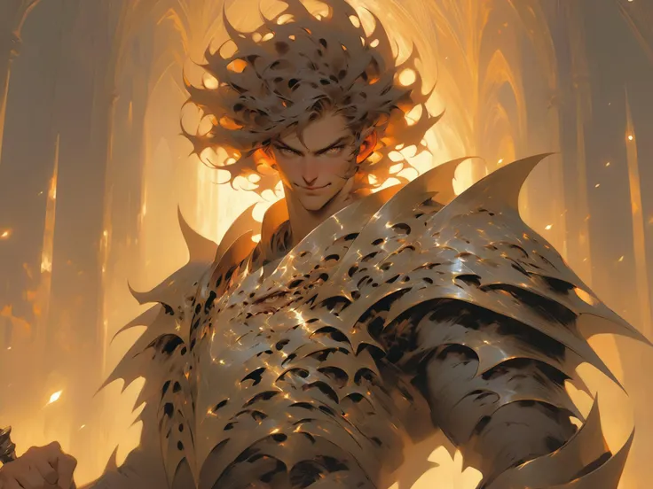 adult male fantasy god, human appearance, elegant but impish features, devilish smile, gold eyes, short messy brown hair, slender build, agile, holding two daggers made of light, intricate but minimal iridescent armor, 8K, fantasy heaven realm in background