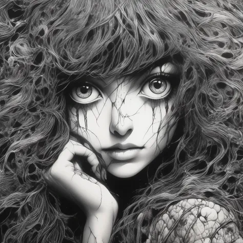anime artwork black and white, manga about a beautiful attractive schoolgirl named tomie embracing ((scrary fluided human brain tumours eyes)),she has long straight black hair and (a mole below her left eye), schoolgirl, japanese, gloomy face, depressed, smiling, crazy, creepy, horror, ,(by junji ito:1.6), perfect hands,, (masterpiece,best quality:1.5), ultra realistic,32k,RAW photo,(high detailed skin:1.2), 8k uhd, dslr, soft lighting, high quality, film grain, Anna Bocek . anime style, key visual, vibrant, studio anime, highly detailed