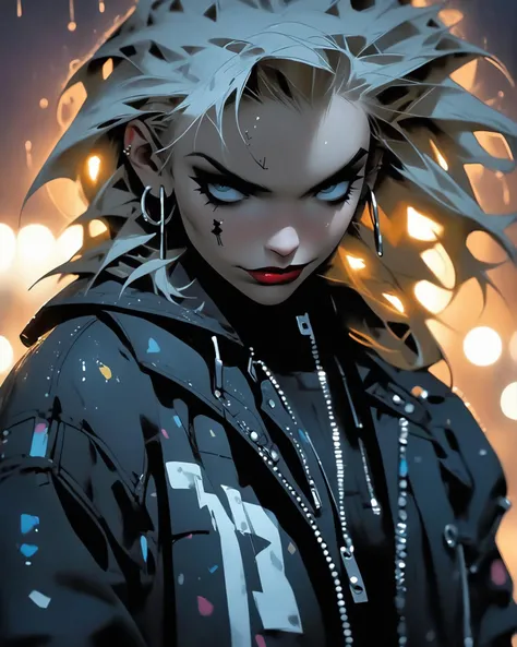1girl, solo, rain, night, shadows, long hair, jewelry, blue eyes, looking at viewer, jacket, messy hair, earrings, necklace, piercing, upper body, blurry, scar, black jacket, lips, ring, open jacket, blurry background, closed mouth, zipper, ear piercing, white hair, detailed eyes, dark theme
