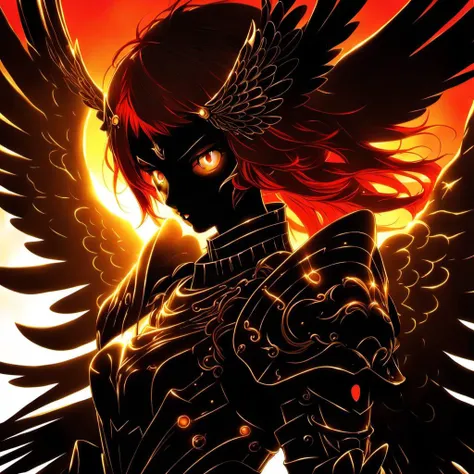 anime style Beautiful girl in armor. Ideal figure. Beautiful face. Red hair .Angel Wings, Golden armor. In full growth. Anime. Long legs. High Details. 8k. Dramatic Lighting., masterpiece, silhouette face is shown in the dark,coming from the dark, a greyscale, monochrome, black ink, line art, vector, anime, photo,