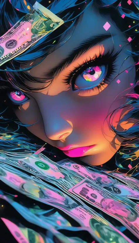 Close up of a girls eyes, the eyes are fromed like diamonds, dollar bills falling in the background, set against the backdrop of an urban nightlife scene, reminiscent of Yoko Honda's neon-infused style, masterpiece, detailed, award winning, high detail