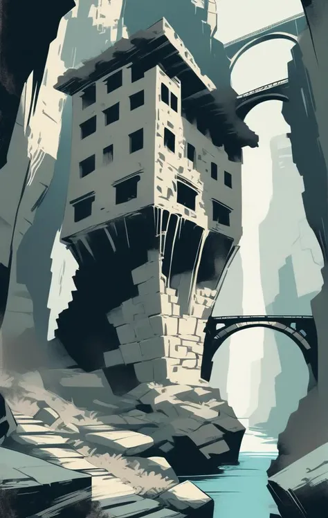 concept art a picture of a stone chasm with a bridge in the middle of it and a crumbling stone building in the background with a sky background, Emil Lindenfeld, screen print, a screenprint, private press . digital artwork, illustrative, painterly, matte painting, highly detailed