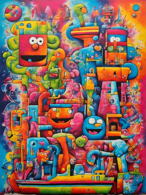 Graffiti Street Art, geometric patterns, a felt muppet, Geometric Abstract Art, Cob, Hyperpunk, High quality, The Badwater Basin and Container ship, art by Kenny Scharf, (Wonderful, intricate) , (a superb Art Brut Decollage art)