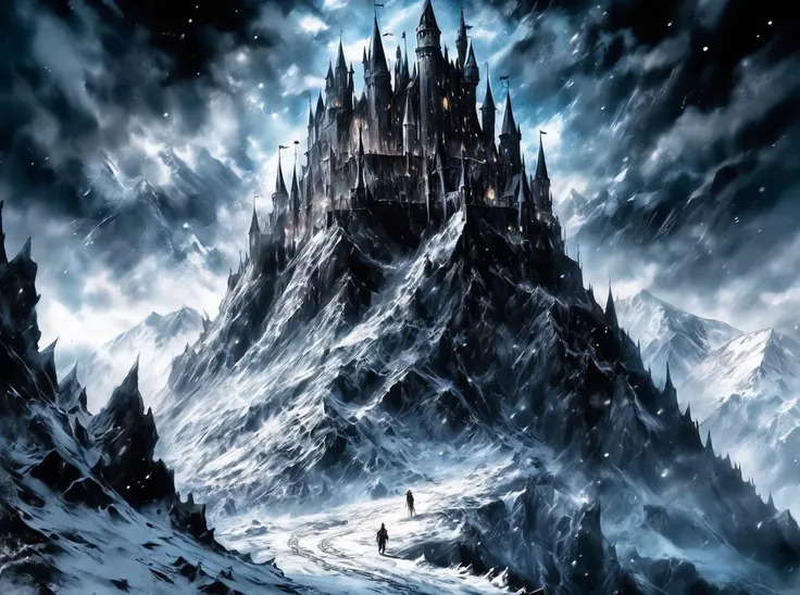 (((high contrast))), Drawing inspiration from modern masters like Yoshitaka Amano,Range Murata, focus on massive medieval castle, twisted towers, dark stone building, glowing chains, earth cracks, beautiful splashes of ice, snowy peaks, large environment, mountain range, epic details, mystical elements, 8k
