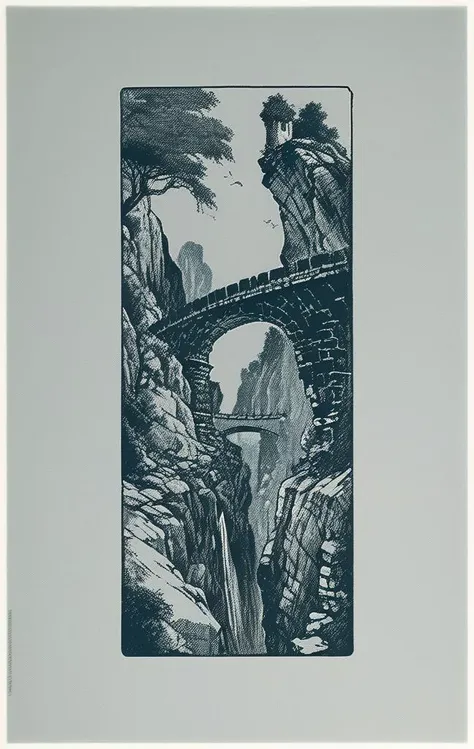 concept art a picture of a stone chasm with a bridge in the middle of it and a crumbling stone building in the background with a sky background, Emil Lindenfeld, screen print, a screenprint, private press . digital artwork, illustrative, painterly, matte painting, highly detailed