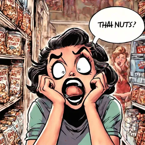 1girl, gasping, embarrassed, comic book, background: nut shop, ((speech bubble: 1:5, "That's nuts!"))