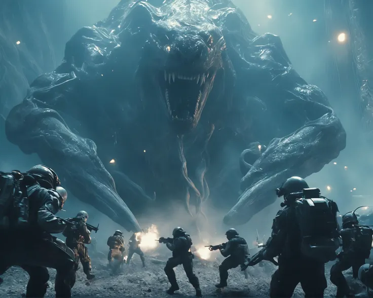 two warriors silhouettes standing in front of a massive Cerberus aggressively standing 100feet tall, located in a battlefield , concept art wallpaper 4k, sci-fi fantasy wallpaper, sci fi artwork, detailed sci-fi art, beautiful sci fi art, spaceships in the cloudy sky, concept art artwork masterpiece, concept art 4k, concept art 4 k, sci fi concept art, mystical sci-fi concept art, fire, explosions, debris, dirty