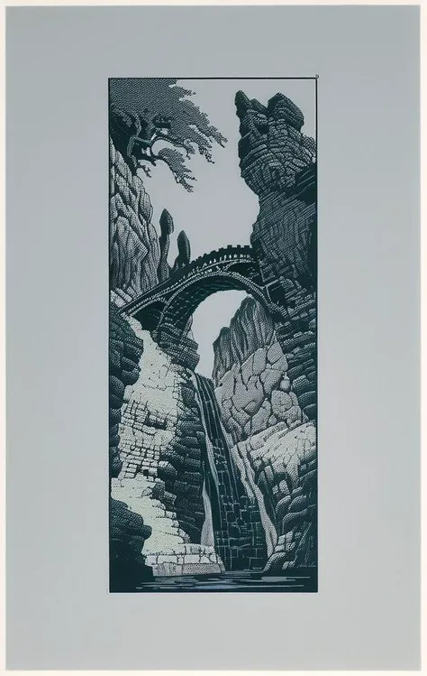 pixel-art a picture of a stone chasm with a bridge in the middle of it and a crumbling stone building in the background with a sky background, Emil Lindenfeld, screen print, a screenprint, private press . low-res, blocky, pixel art style, 8-bit graphics