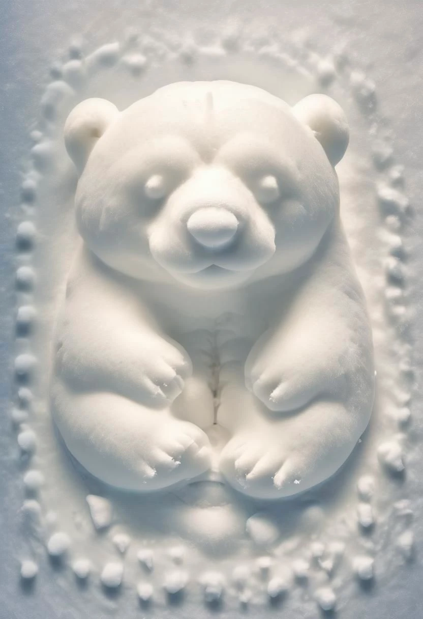 A polar bear made of snow, sleeping on ice