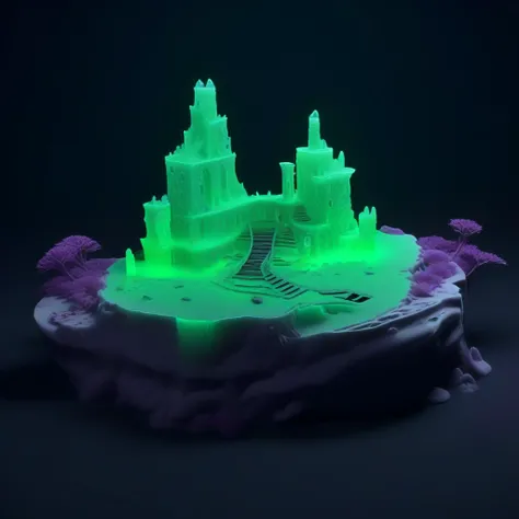 professional 3d model breathtaking a green (((glow in the dark))) 3d printed plastic model of an abandoned crumbling eldritch stone fortress ruin made of sea choral and a purple tree in the foreground, Anato Finnstark, eldritch, concept art, generative art . award-winning, professional, highly detailed . octane render, highly detailed, volumetric, dramatic lighting