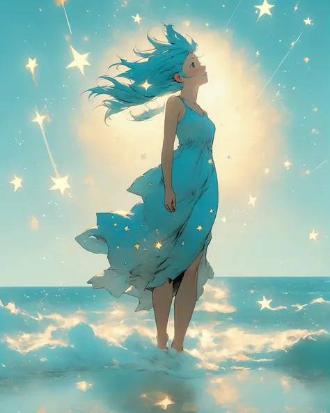 1girl, gorgeous, delicate, blue hair, wearing light blue dress, barefoot, looking up into sky, standing in sea, perfect face, beautiful eyes, sky is galaxy and stars, twilight, shooting meteorites, longing